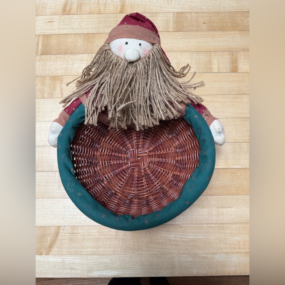 Vintage Santa Claus Wicker Basket with Green Trim